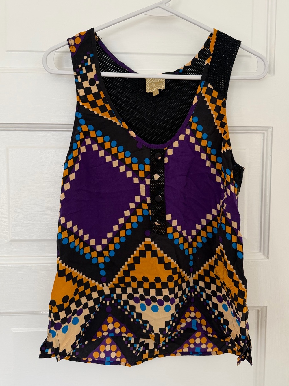 Postella Purple, Mustard & Blue Geometric Button-Front Tank Top